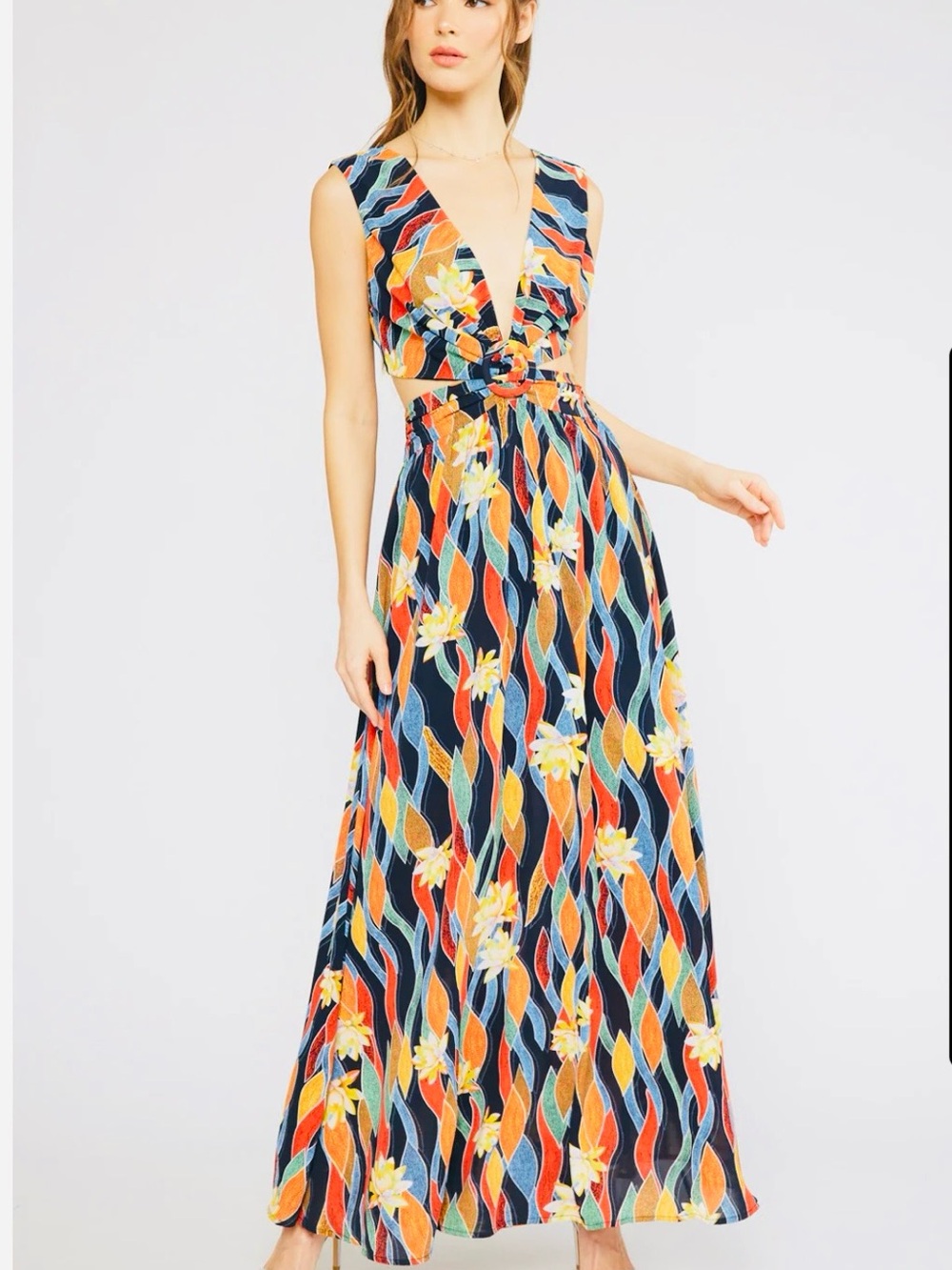 Fab’rik Atlas Printed Cut Out Maxi Dress sz. L - Picture 2 of 6